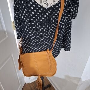 HOBO Mustard Tan Leather Crossbody Shoulder Bag with Tassel